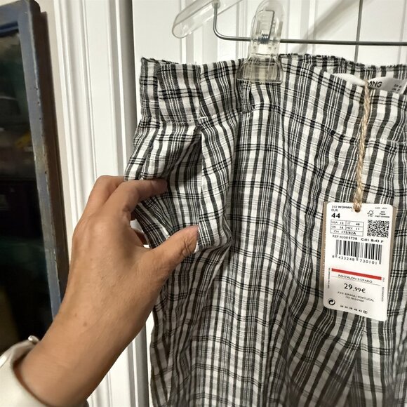 MNG by Mango Linen Pant Plaid Womens 12 Black White NEW Ankle - Picture 4 of 6